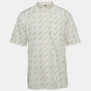 Balenciaga White Logo Print Cotton Short Sleeve Oversized Shirt XS