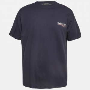 Balenciaga Navy Cotton Knit Logo Printed Crew Neck T-Shirt M