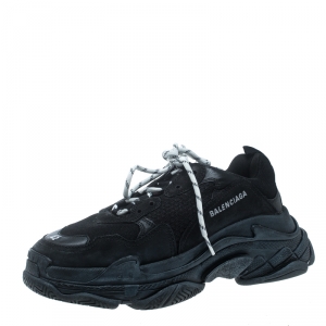 Pre Owned Balenciaga Black Mesh And Leather Triple S Platform Sneakers Size 42