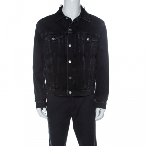 مملوكة مسبقًا Balenciaga Black Denim Logo Embroidered Frayed Collar Jacket L 