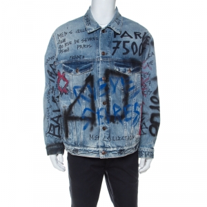 مملوكة مسبقًا Balenciaga Indigo Seasonal Graffiti Print Oversized Denim Jacket S