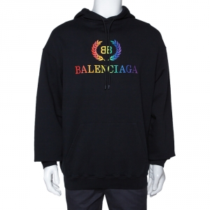 Balenciaga Black Embroidered Logo Cotton Oversized Hoodie S