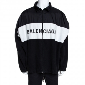 مملوكة مسبقًا Balenciaga Black & White Denim & Synthetic Trim Logo Printed Jacket M