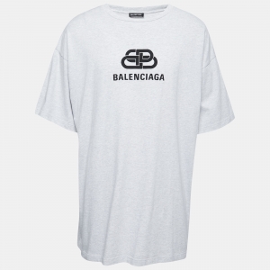 Pre Owned Balenciaga Grey Logo Print Cotton Oversized T-Shirt M