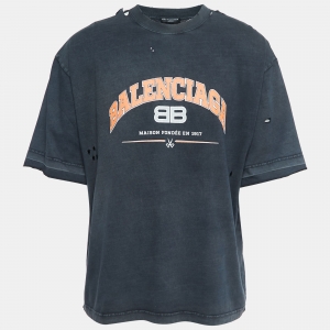 Balenciaga Blue Ripped Distressed Logo Print T-Shirt XL