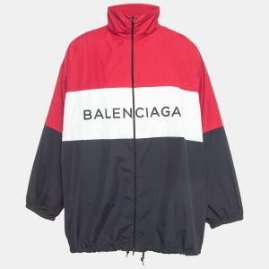 Balenciaga Multicolor Logo Print Nylon Zip Front Drawstring Hem Oversized Jacket XXS