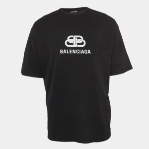 Balenciaga Black Logo Print Cotton Half Sleeve T-Shirt M