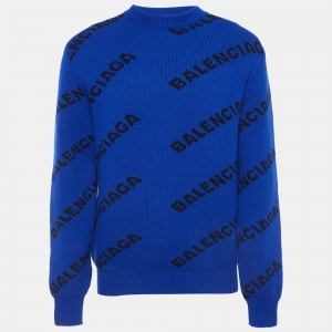 Balenciaga Blue Logo Jacquard Wool Knit Sweater M