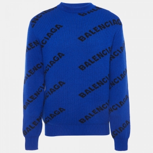 Balenciaga Blue Logo Jacquard Wool Knit Sweater M