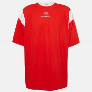Balenciaga Red Cotton Logo Embroidered Oversized Round Neck T-Shirt L