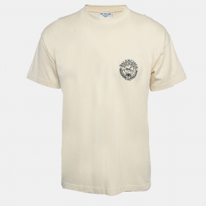 Balenciaga Light Yellow Logo Embroidered Cotton Crew Neck T-Shirt S