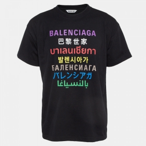 Balenciaga Black Logo Print Cotton Crew Neck T-Shirt L