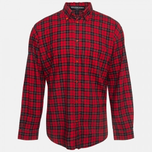 Balenciaga Red Logo Printed Plaid Cotton Oversized Shirt M