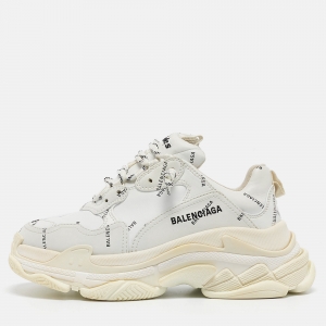 Pre Owned Balenciaga White Leather Triple S All Over Logo Sneakers Size 39