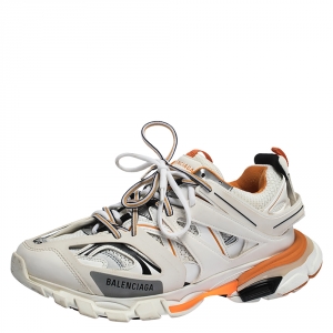 Balenciaga White/Orange Mesh Fabric and Leather Track Lace Up Sneakers Size 43