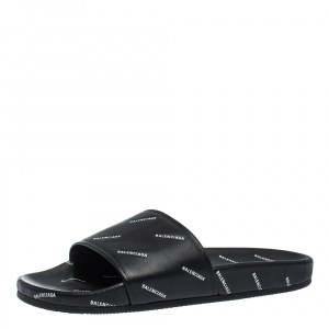 Balenciaga Black Leather Logo Stamped Slide Sandals Size 41