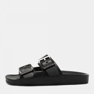 Balenciaga Black Leather Double Buckle Flat Slides Size 40 