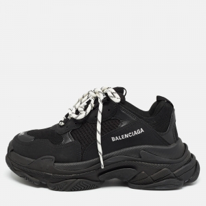 Balenciaga Black Mesh and Faux Leather Triple S Sneakers Size 41