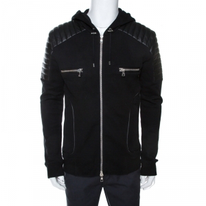 Pre Owned Balmain Black Knit Leather Trim Zip Front Hooded Jacket XL