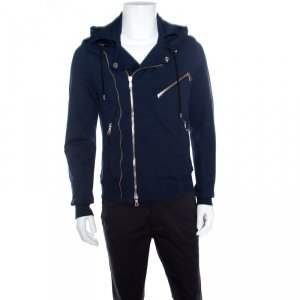 Pre Owned Balmain Navy Blue Jersey Zip Detail Hooded Bomber Jacket M