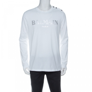 Pre Owned Balmain White Cotton Logo Print Shoulder Button Detail Full Sleeve T-Shirt L
