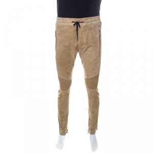 Balmain Beige Lambskin Leather Ribbed Panel Detail Moto Pants L