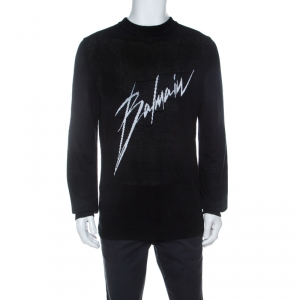Balmain Black Linen Knit Logo Signature Printed Sweater L