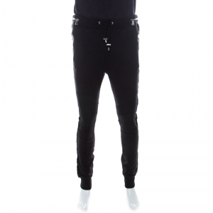 Balmain Black Cotton and Velvet Side Paneled Biker Jogger Pants L