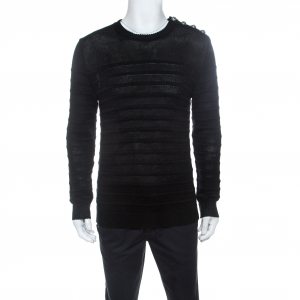 Balmain Black Linen Knit Shoulder Button Detail Sweater L 