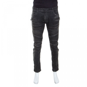 Balmain Grey Cotton Denim Biker Jeans L