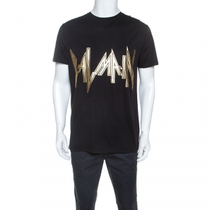 Pre Owned Balmain Black Cotton Gold Logo Relief T-shirt L