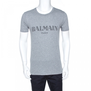 Pre Owned Balmain Grey Logo Print Cotton Crew Neck T-Shirt S