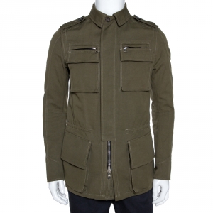 Pre Owned Balmain Olive Green Cotton Linen Zip Front Jacket M