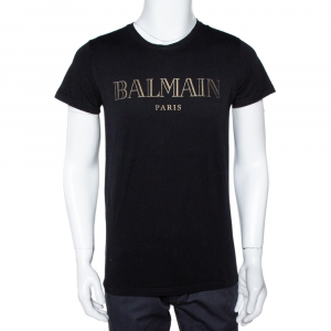 Pre Owned Balmain Black Cotton Logo Foil Print Crew Neck T Shirt M
