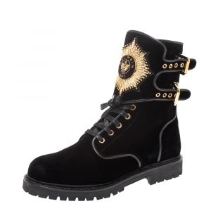 Balmain Black Velvet Eagle Combat Boots Size 41