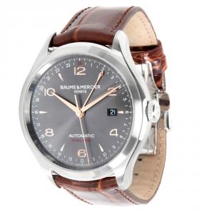 Baume & Mercier Grey Stainless Steel and Leather Clifton GMT MOA10111 Men's Wristwatch 43MM