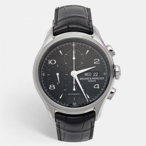 Baume & Mercier Black Stainless Steel Leather Clifton A10211 Men's Wristwatch 43 mm 