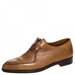 Berluti Cognac Brown Leather Stitch Detail Oxfords Size 40.5