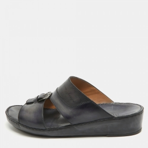Berluti Navy Blue Scritto Leather Slide Sandals 43