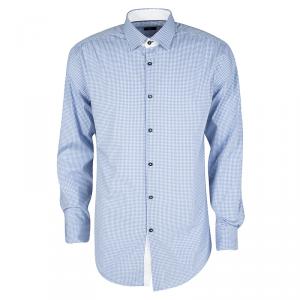 مملو كة مسبقًا Boss By Hugo Boss Blue and White Checked Stretch Cotton Slim Fit Juri Shirt L