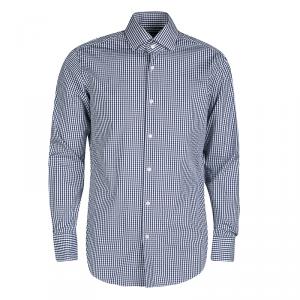 مملوكة مسبقًا Boss By Hugo Boss Navy Blue and White Checked Cotton Gerald Shirt L