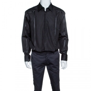 مملوكة مسبقًا Boss by Hugo Boss Black Cotton Ribbon Panel Detail Button Front Shirt XL