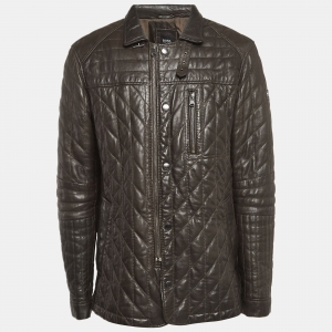 Boss By Hugo Boss Brown Leather Quilted Zip-Up Jacket XXXL