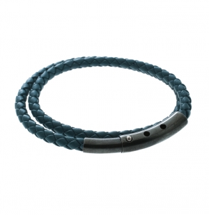 Pre Owned Bottega Veneta Blue Intrecciato Woven Leather Double Wrap Bracelet 