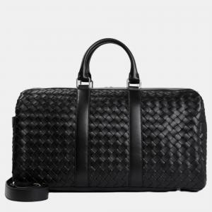 Bottega Veneta Black Leather Classic Intrecciato Duffle Bag