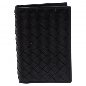 Pre Owned Bottega Veneta Black Intrecciato Leather Card Holder 