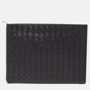 Bottega Veneta Black Intrecciato Leather Half Zip Pouch