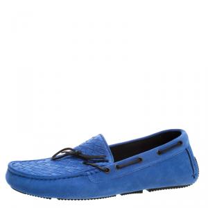 Pre Owned Bottega Veneta Blue Intrecciato Suede Bow Loafers Size 44
