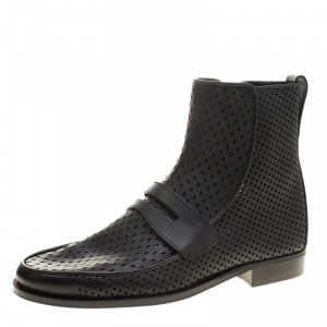 Pre Owned Bottega Veneta Black Perforated Leather Loafer Boots Size 40