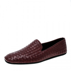 Pre Owned Bottega Veneta Maroon Intrecciato Leather Smoking Slippers Size 45